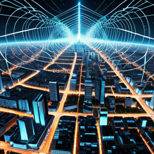 A futuristic, secure communication network visualized with quantum entangled particles forming connections between cities. The imagery should emphasize safety and the advanced nature of quantum technology. Consider incorporating elements of Bengali culture or landmarks subtly into the background to resonate with the target audience.
