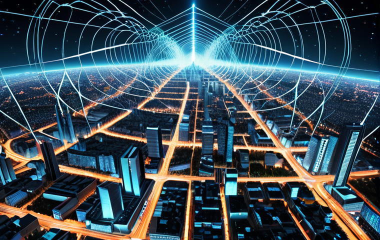 A futuristic, secure communication network visualized with quantum entangled particles forming connections between cities. The imagery should emphasize safety and the advanced nature of quantum technology. Consider incorporating elements of Bengali culture or landmarks subtly into the background to resonate with the target audience.