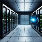 **Quantum computer hacking a data center: Emphasize the vulnerability of current data security systems to quantum attacks. Show chaotic elements and data streams being disrupted.**