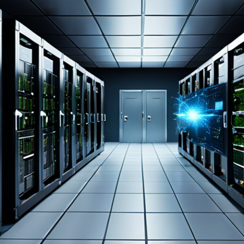 **Quantum computer hacking a data center: Emphasize the vulnerability of current data security systems to quantum attacks. Show chaotic elements and data streams being disrupted.**