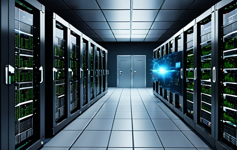 **Quantum computer hacking a data center: Emphasize the vulnerability of current data security systems to quantum attacks. Show chaotic elements and data streams being disrupted.**