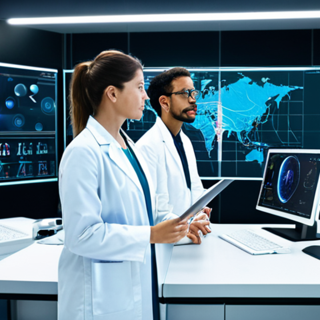 **

A diverse team of scientists and data analysts collaborate in a futuristic lab filled with holographic displays and quantum computing hardware. They are analyzing complex data visualizations related to healthcare, possibly drug discovery. Everyone is fully clothed in appropriate lab attire. Safe for work, professional environment, focus on innovation and collaboration. Perfect anatomy, correct proportions, natural pose, high quality.

**
