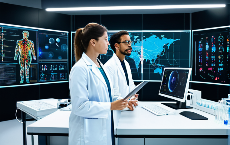 **

A diverse team of scientists and data analysts collaborate in a futuristic lab filled with holographic displays and quantum computing hardware. They are analyzing complex data visualizations related to healthcare, possibly drug discovery. Everyone is fully clothed in appropriate lab attire. Safe for work, professional environment, focus on innovation and collaboration. Perfect anatomy, correct proportions, natural pose, high quality.

**