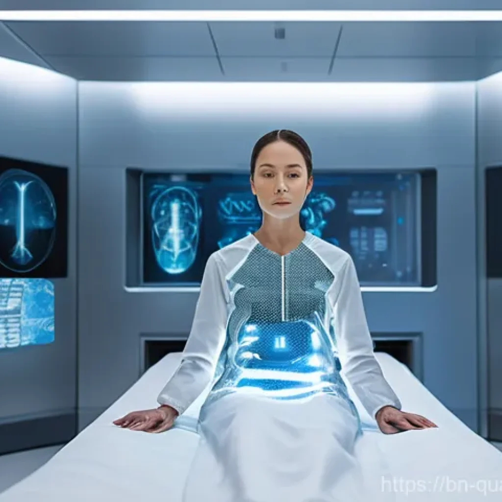 양자이미징 기술의 응용 분야 - **Prompt 1: Futuristic Medical Scan**
    A fully clothed female patient in a sleek, light grey, fut...
