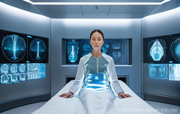 양자이미징 기술의 응용 분야 - **Prompt 1: Futuristic Medical Scan**
    A fully clothed female patient in a sleek, light grey, fut...