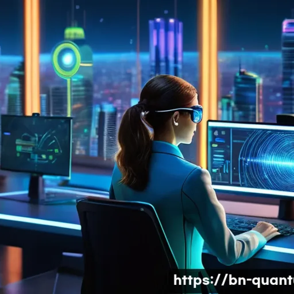 양자광학 응용 사례 - A visually stunning and futuristic scene depicting secure data transfer using quantum key distributi...