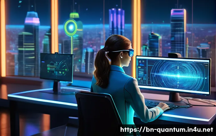 양자광학 응용 사례 - A visually stunning and futuristic scene depicting secure data transfer using quantum key distributi...