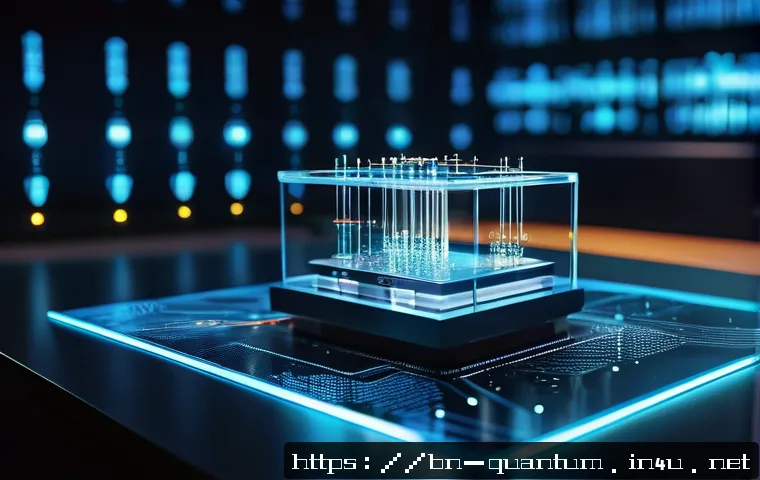양자컴퓨터 구현 기술 - A futuristic laboratory scene showcasing a quantum computer with glowing quantum bits (qubits) suspe...