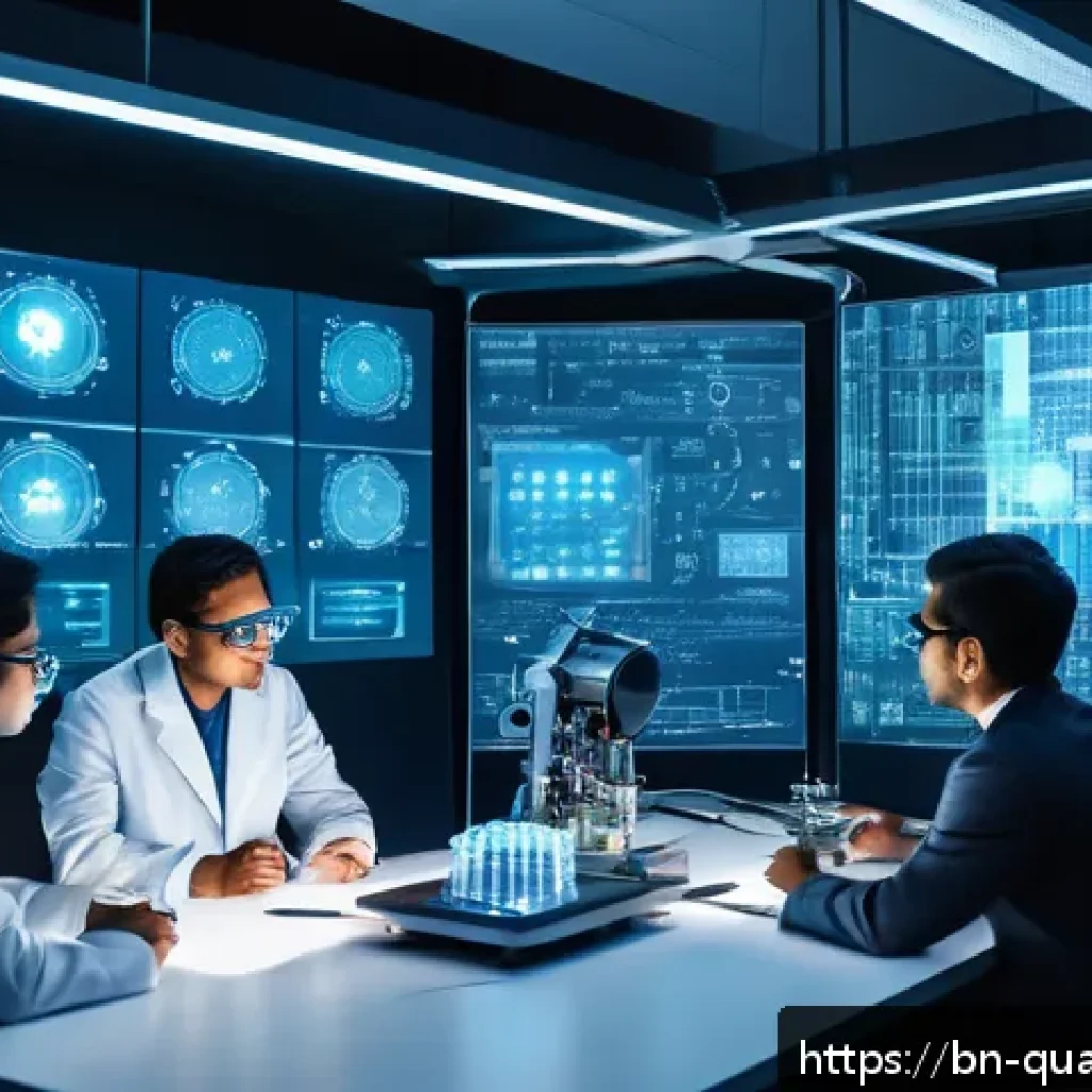 양자컴퓨터 연구소의 발전 - A futuristic laboratory scene showcasing a diverse group of Bengali scientists and engineers collabo...