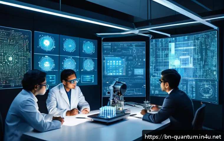 양자컴퓨터 연구소의 발전 - A futuristic laboratory scene showcasing a diverse group of Bengali scientists and engineers collabo...