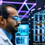 양자광학의 핵심 기술 - A futuristic laboratory scene showcasing a scientist in professional attire working with quantum opt...