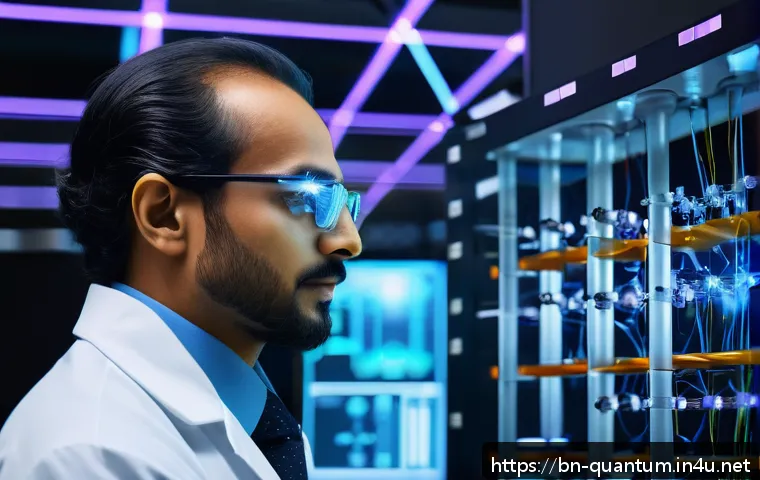 양자광학의 핵심 기술 - A futuristic laboratory scene showcasing a scientist in professional attire working with quantum opt...
