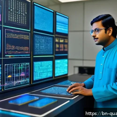 양자컴퓨팅의 최적화 문제 해결 - A futuristic quantum computing laboratory scene showing a Bengali scientist in traditional attire wo...