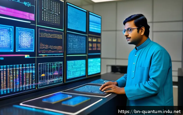 양자컴퓨팅의 최적화 문제 해결 - A futuristic quantum computing laboratory scene showing a Bengali scientist in traditional attire wo...
