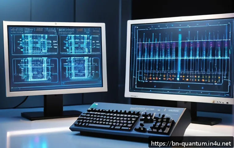 양자컴퓨터와 기존 컴퓨터 비교 - A detailed digital illustration showing a comparison between classical and quantum computers: classi...