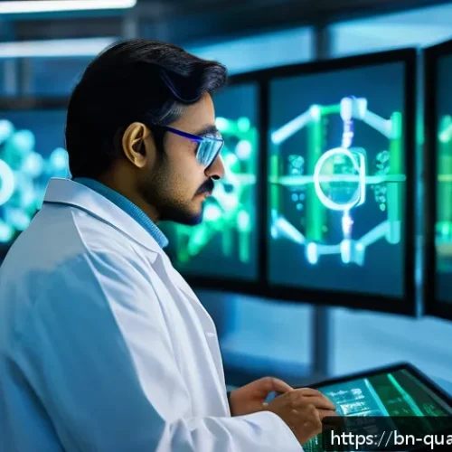 양자화학의 실용화 - A highly detailed futuristic laboratory scene showing a Bengali scientist analyzing quantum chemistr...