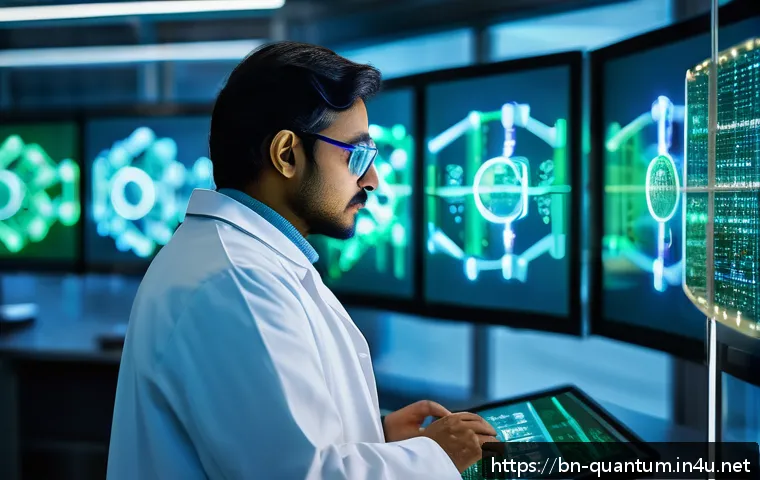 양자화학의 실용화 - A highly detailed futuristic laboratory scene showing a Bengali scientist analyzing quantum chemistr...