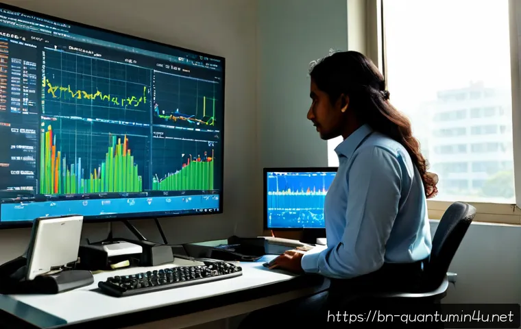 양자컴퓨터의 금융 모델 - Photorealistic modern financial research office in Dhaka, a Bengali analyst studying a glowing quant...